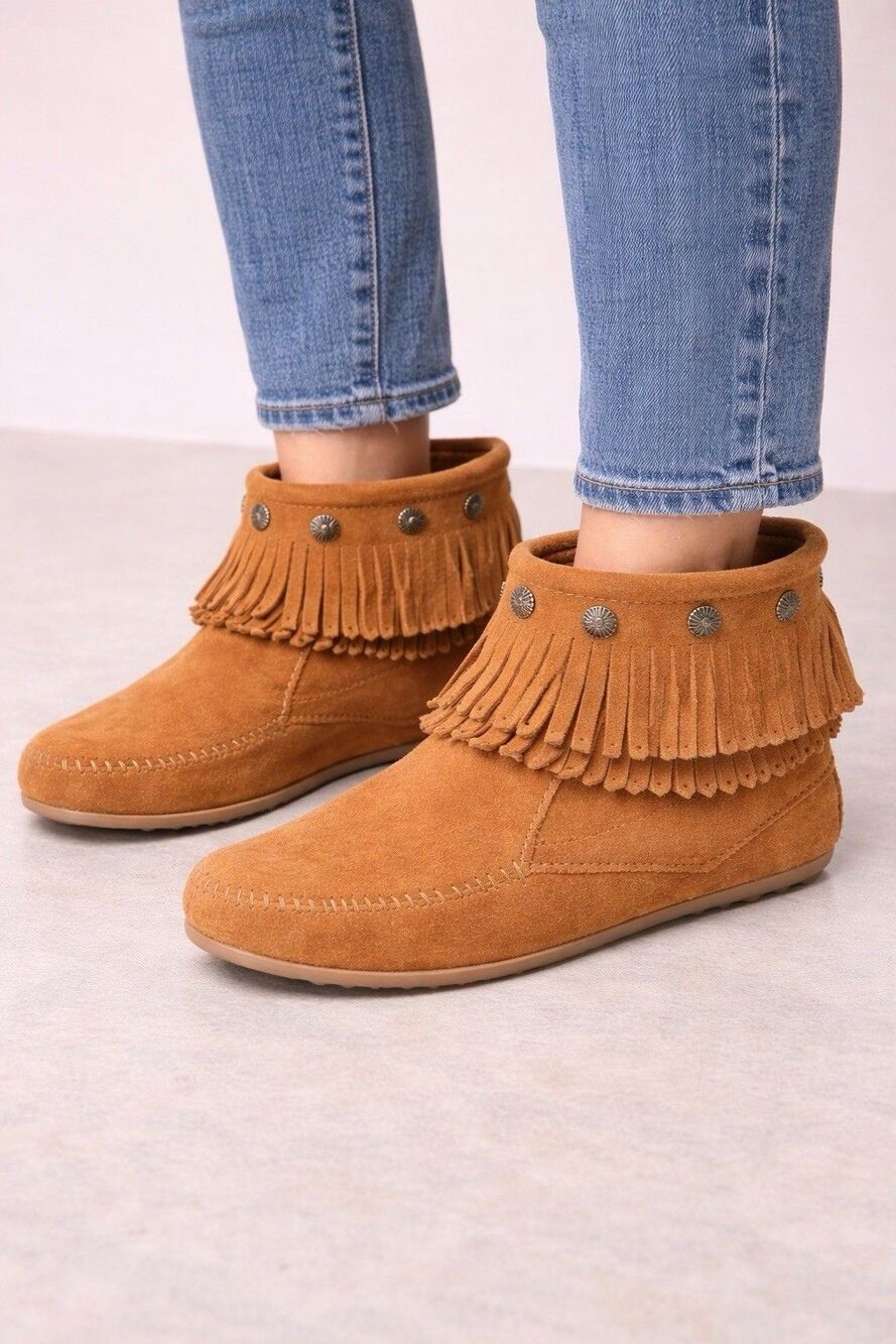 Minnetonka Double Fringe Ankle Boots Womens 7.5 Brown Suede Side Zip Moccasin